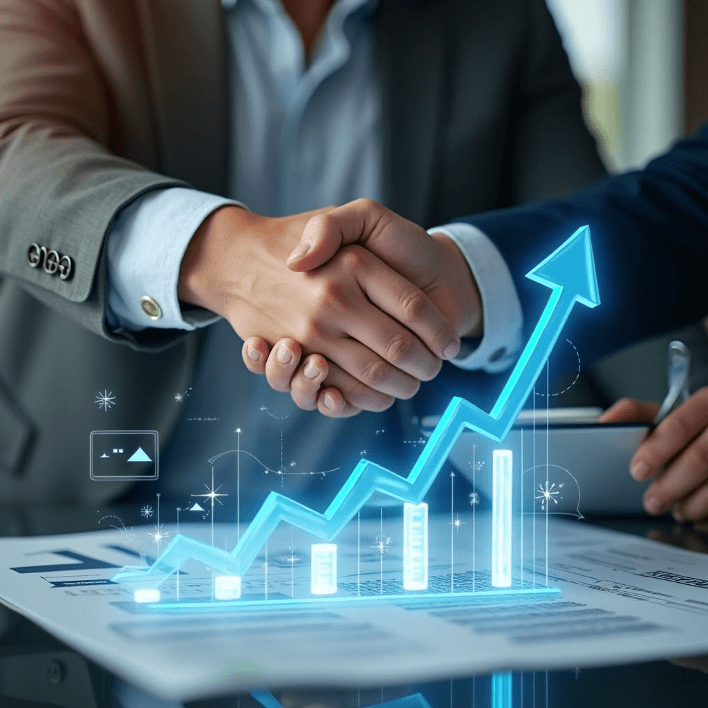 Abstract financial growth advisory dashboard with charts and market signals.